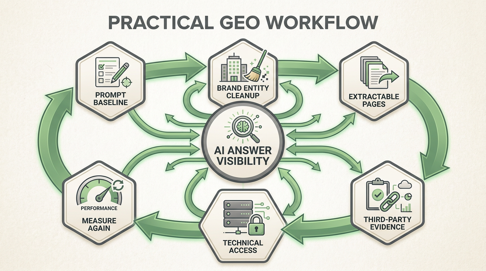 GEO workflow diagram showing baseline prompts, entity cleanup, extractable pages, third-party evidence, technical access, and measurement loop.