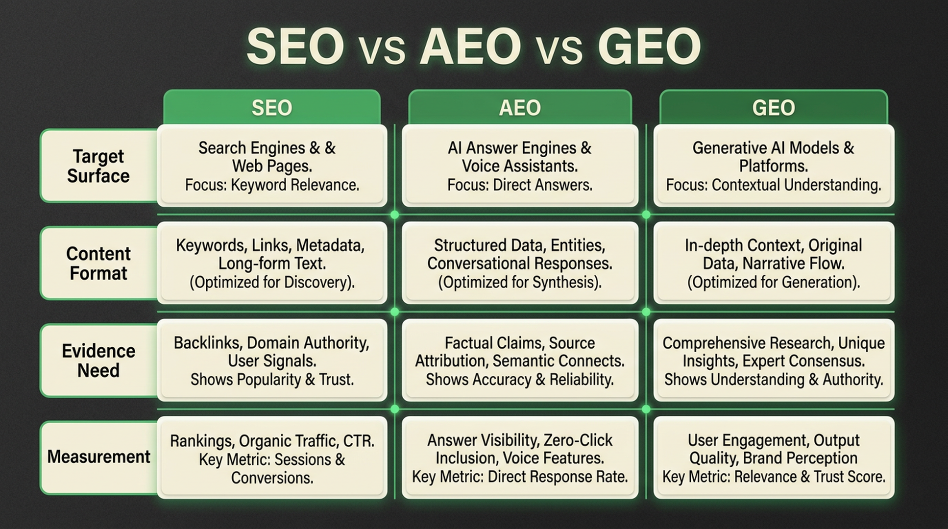 Comparison matrix showing SEO, AEO, and GEO across target surface, content format, evidence needs, and measurement metrics.