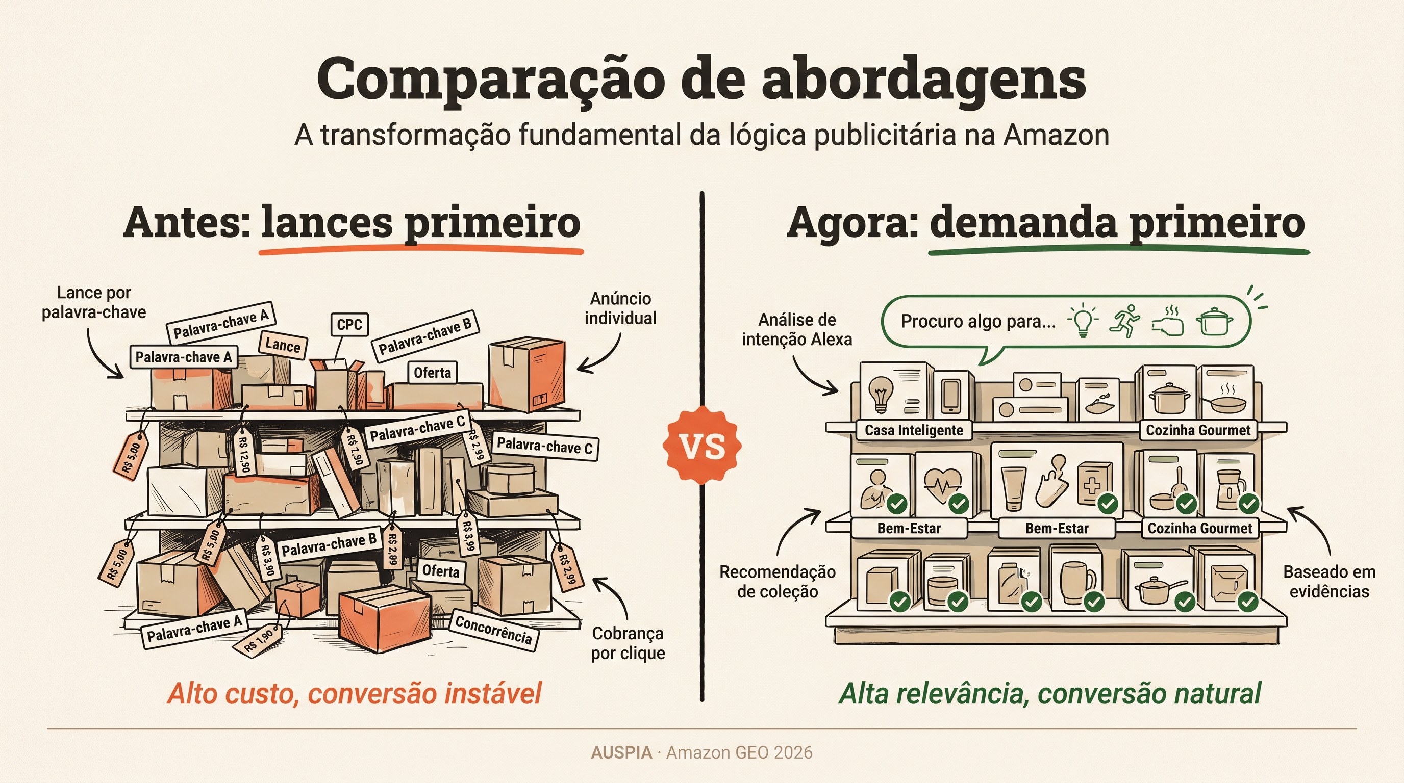 Comparação em português brasileiro entre o antigo enfoque de lances primeiro e o novo enfoque de correspondência de demanda com Alexa