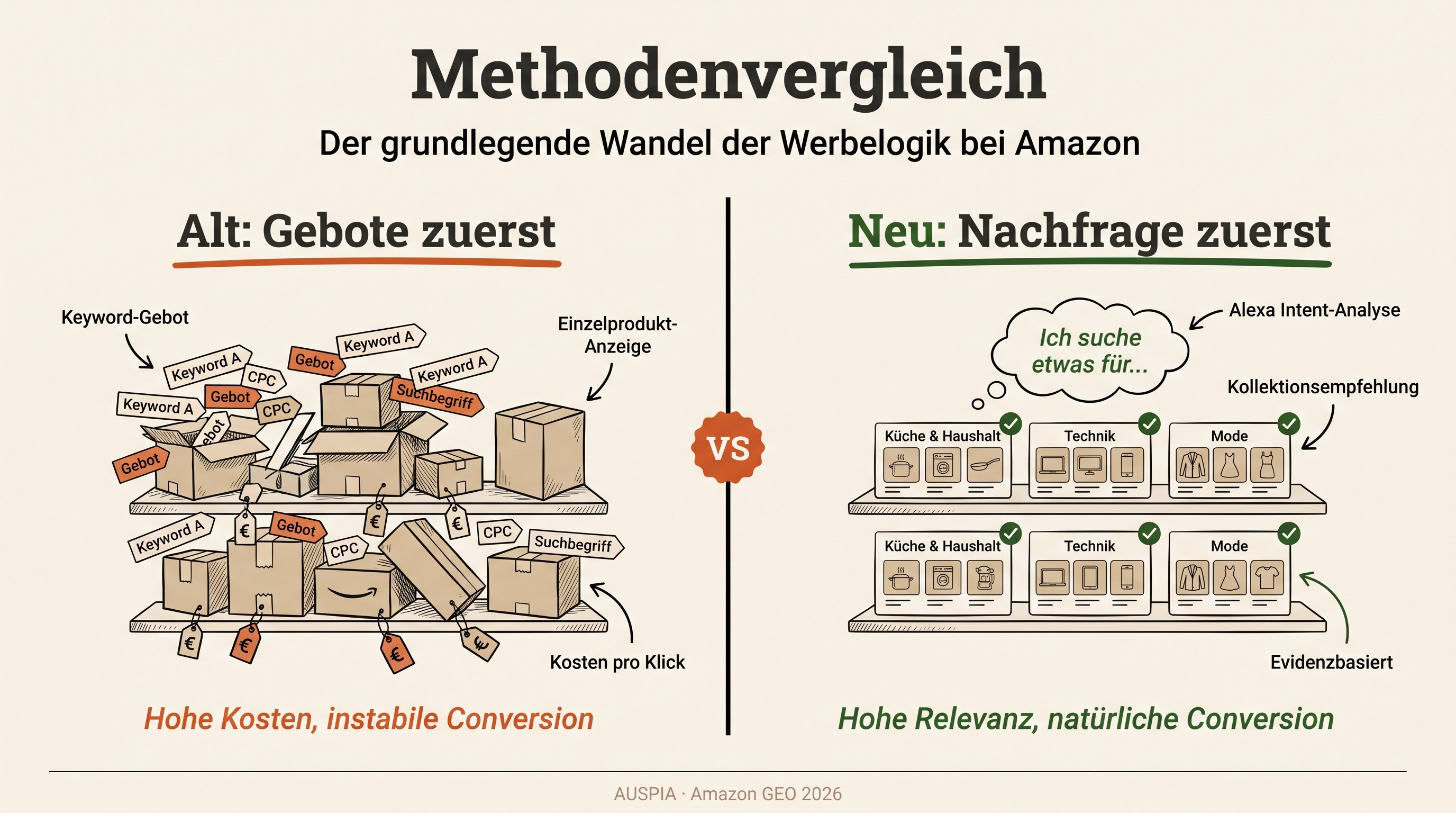 Deutschsprachiger Vergleich zwischen altem gebotsorientiertem Ansatz und neuem Nachfrage-Matching mit Alexa