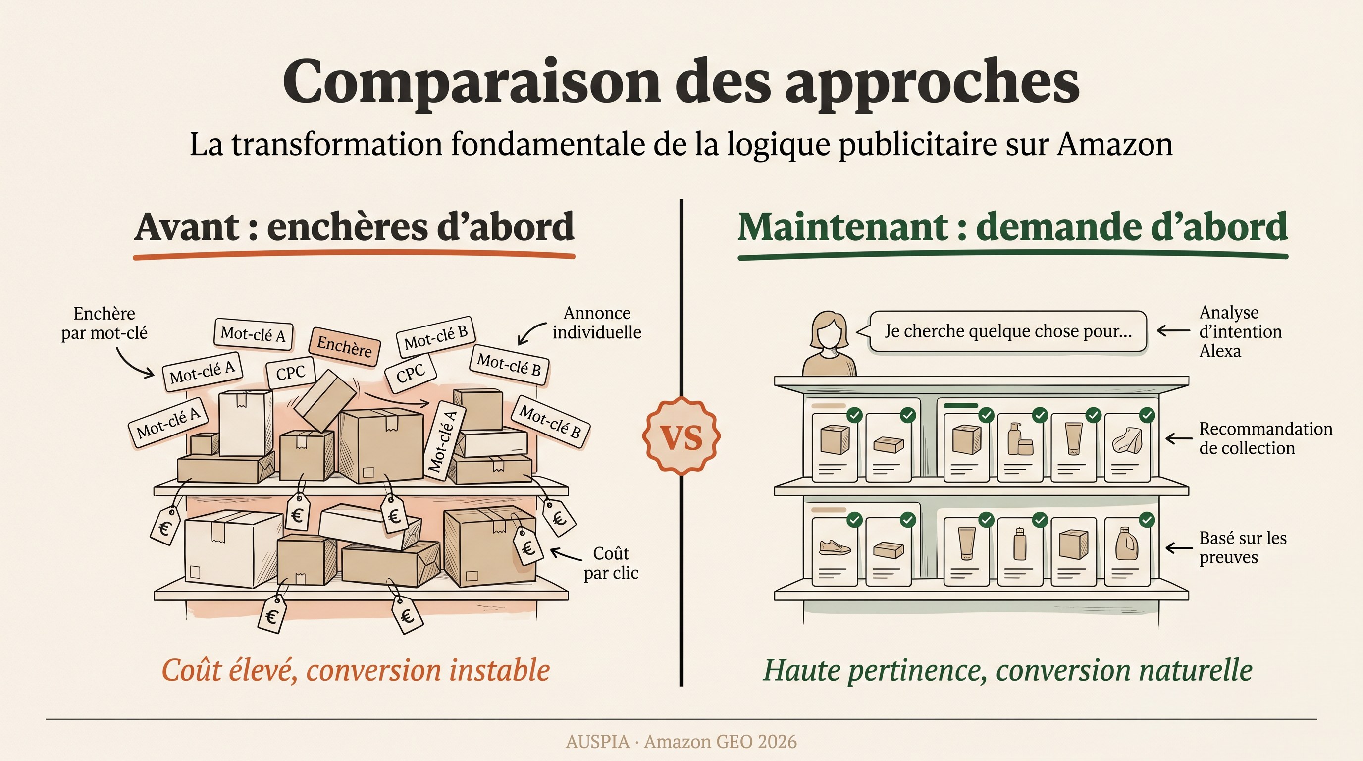 Comparaison française entre l’ancien modèle axé sur les enchères et le nouveau modèle de correspondance de la demande avec Alexa