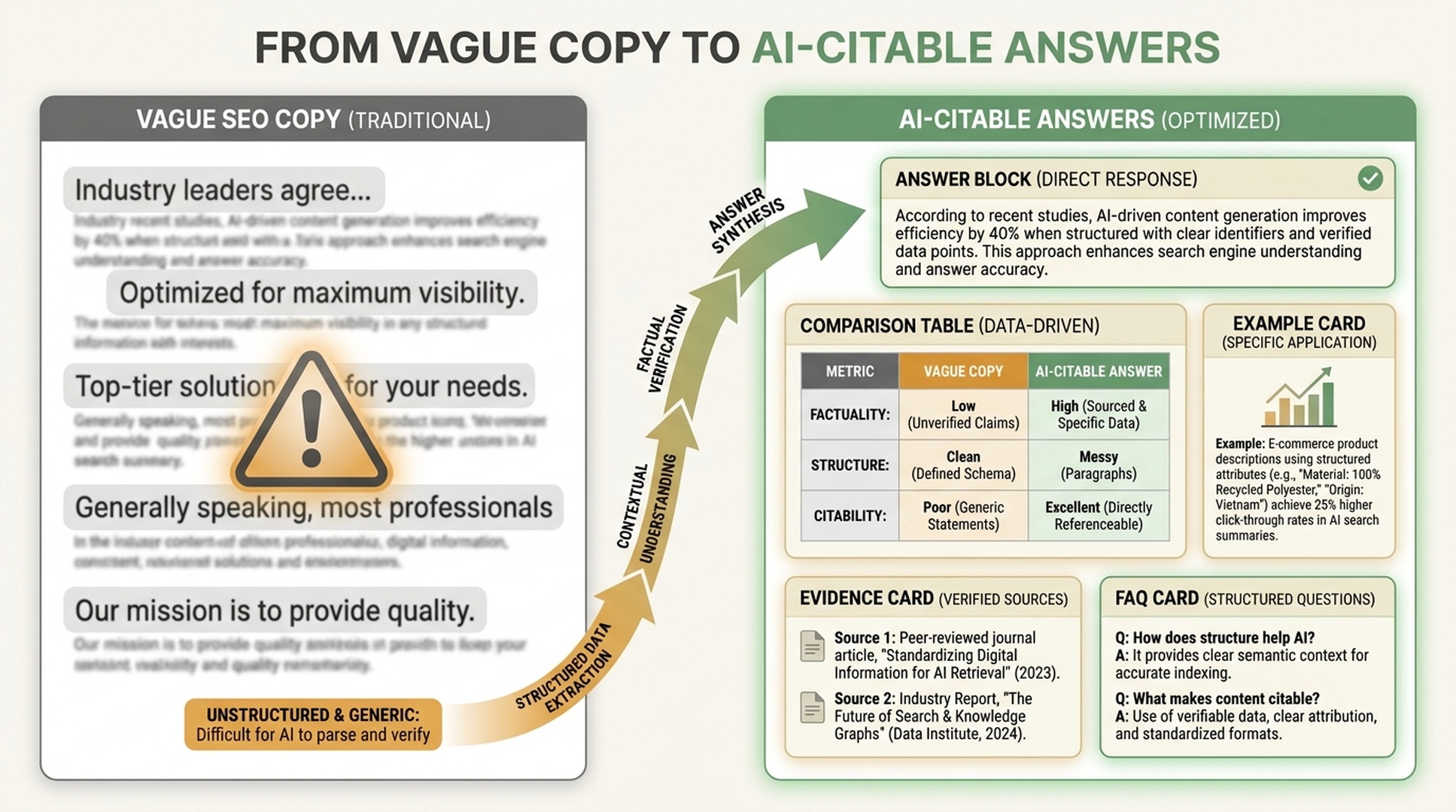 Before-and-after content extraction diagram showing vague SEO copy rebuilt into answer blocks, tables, examples, evidence, and FAQs.