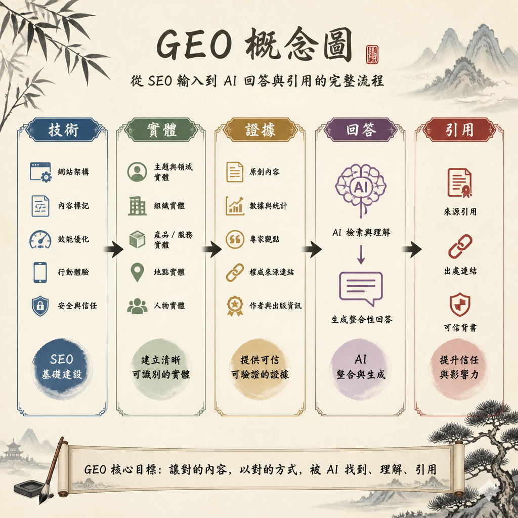 顯示 SEO 輸入、AI 檢索、回答生成與引用結果的 GEO 概念圖
