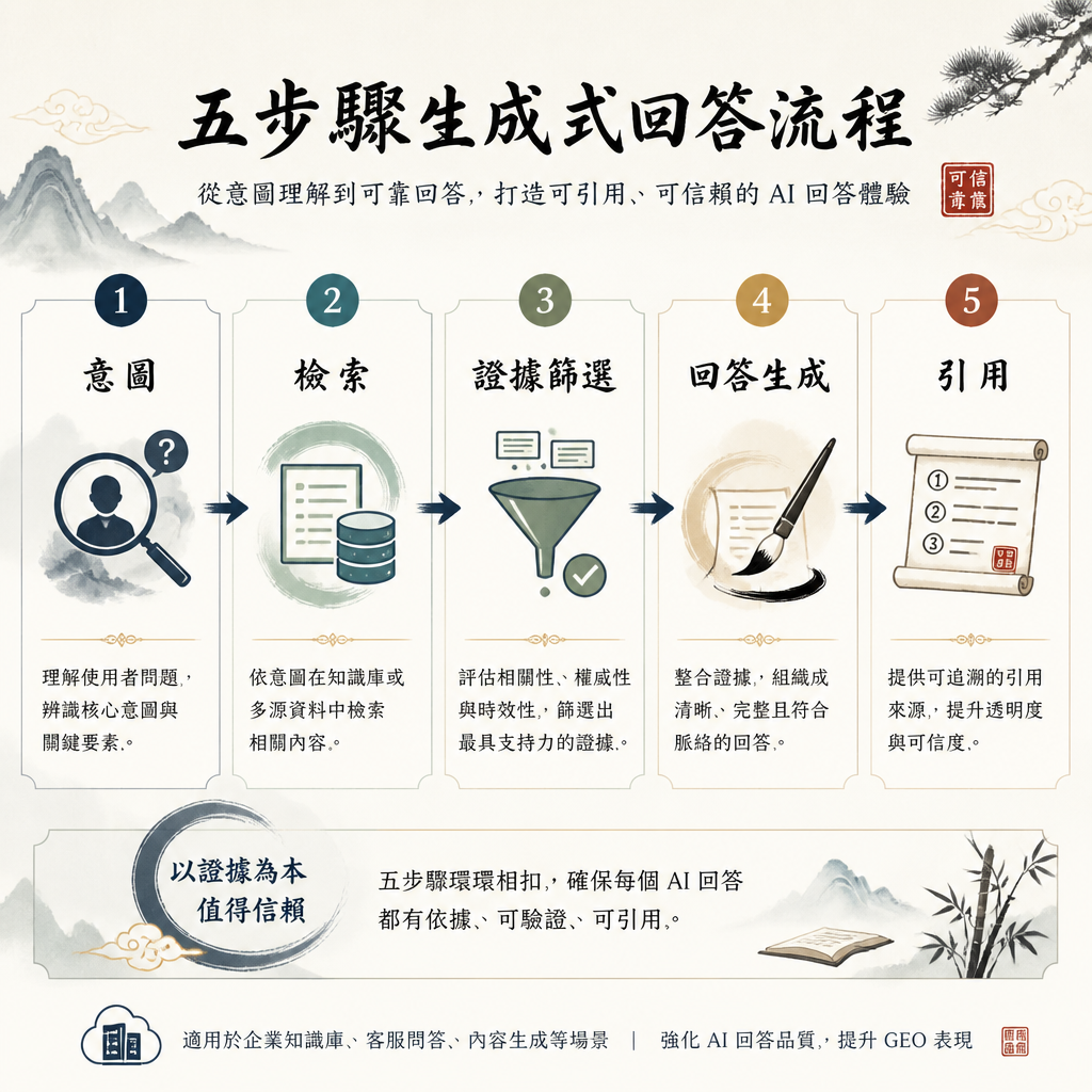 意圖、檢索、證據篩選、回答生成、引用的五步生成式回答流程