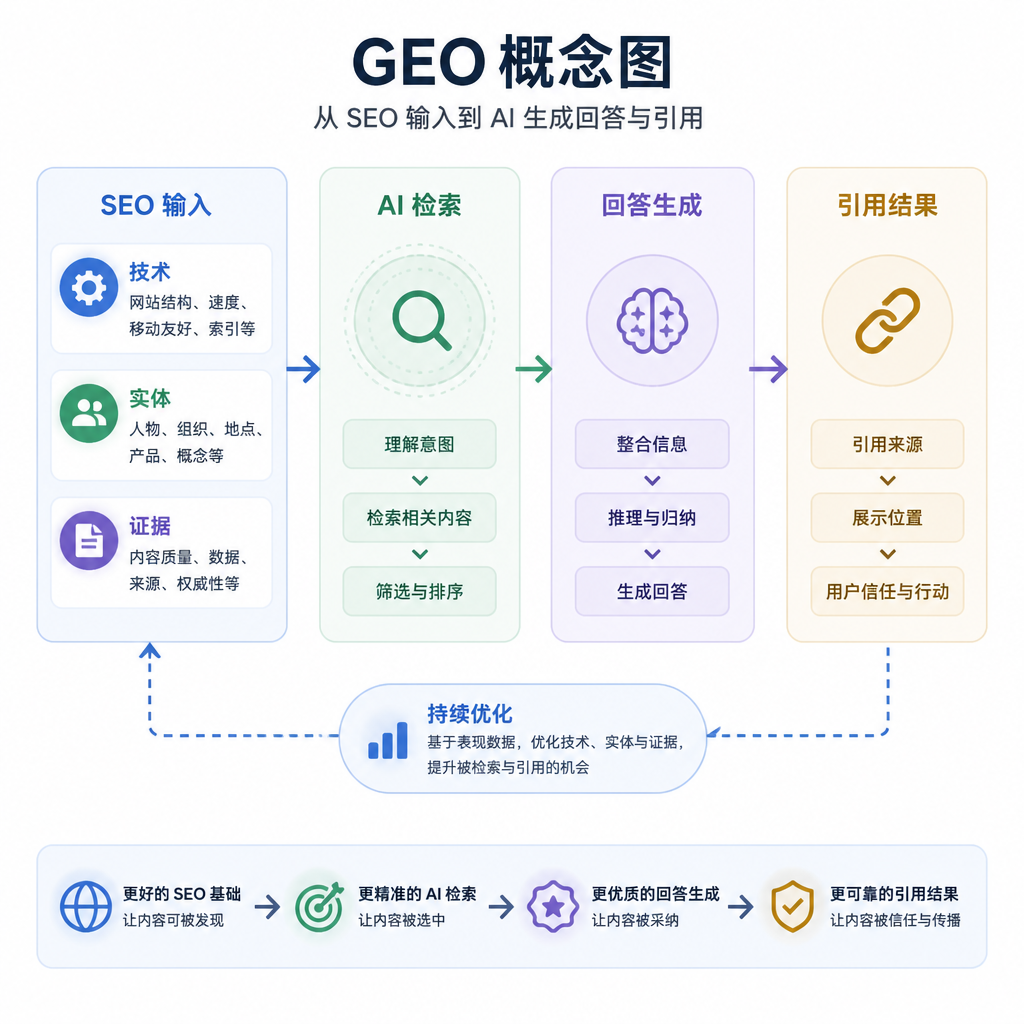 显示 SEO 输入、AI 检索、回答生成与引用结果的 GEO 概念图