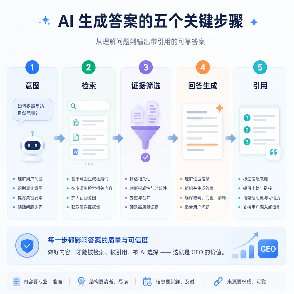 意图、检索、证据筛选、回答生成、引用的五步生成式回答流程