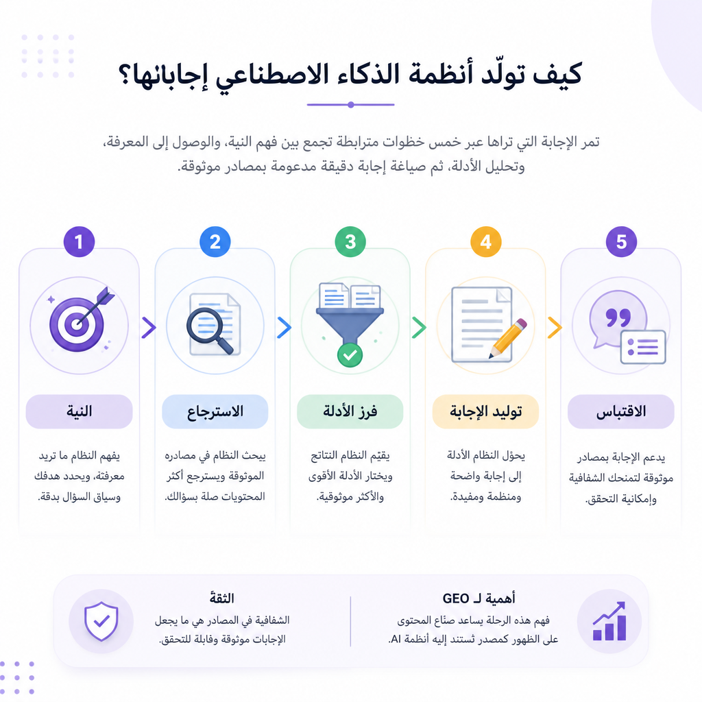 تدفق إجابة توليدية من خمس خطوات: النية، الاسترجاع، فرز الأدلة، توليد الإجابة، الاقتباس