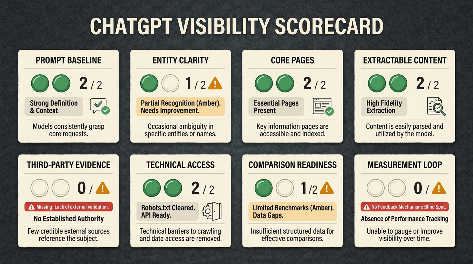 ChatGPT visibility checklist scorecard with eight sections: prompt baseline, entity clarity, core pages, extractable content, evidence, technical access, comparison readiness, and measurement loop.