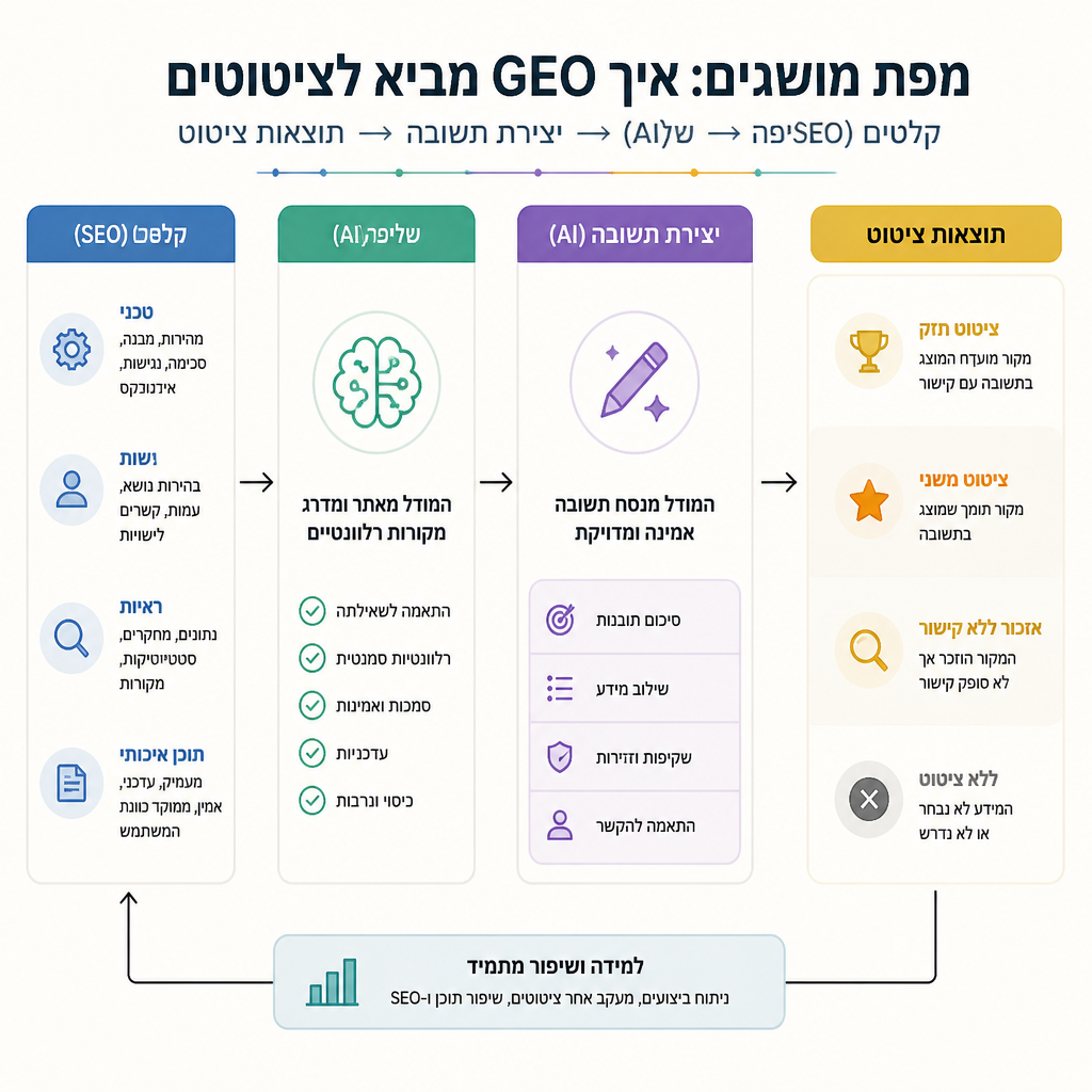 מפת מושגים של GEO המציגה קלט SEO, אחזור AI, יצירת תשובה ותוצאות ציטוט