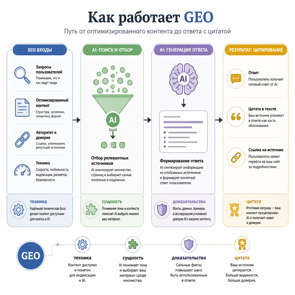 Карта GEO: входы SEO, AI-поиск, генерация ответа и результаты цитирования