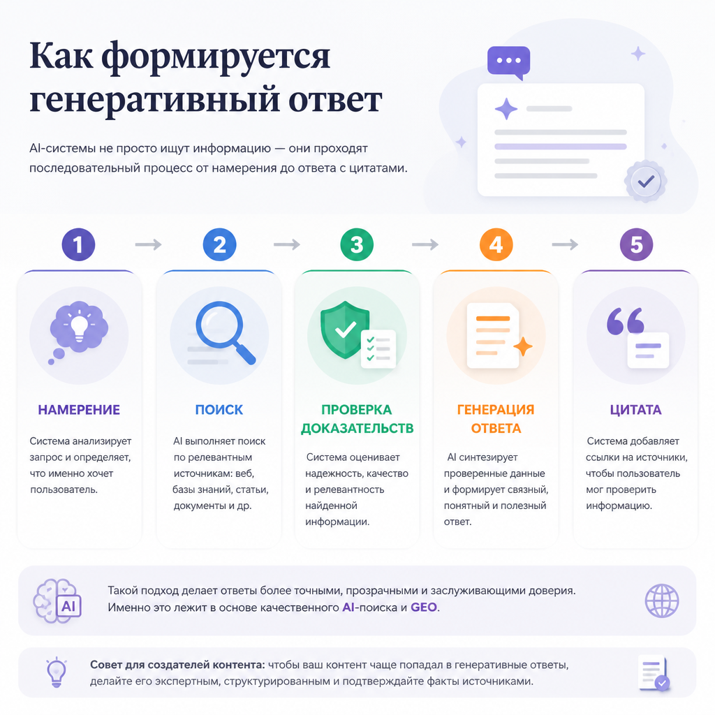 Пятишаговый поток генеративного ответа: намерение, поиск, фильтрация доказательств, генерация ответа, цитата