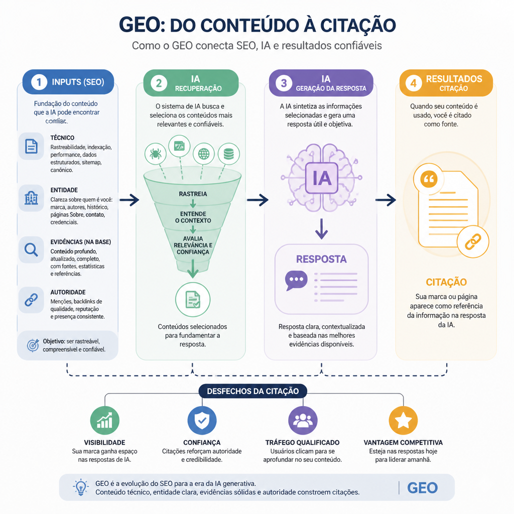Mapa conceitual de GEO mostrando entradas de SEO, recuperação por AI, geração de resposta e resultados de citação
