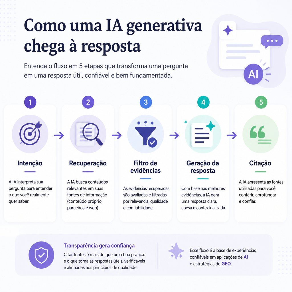 Fluxo de resposta generativa em cinco etapas: intenção, recuperação, filtro de evidências, geração da resposta e citação