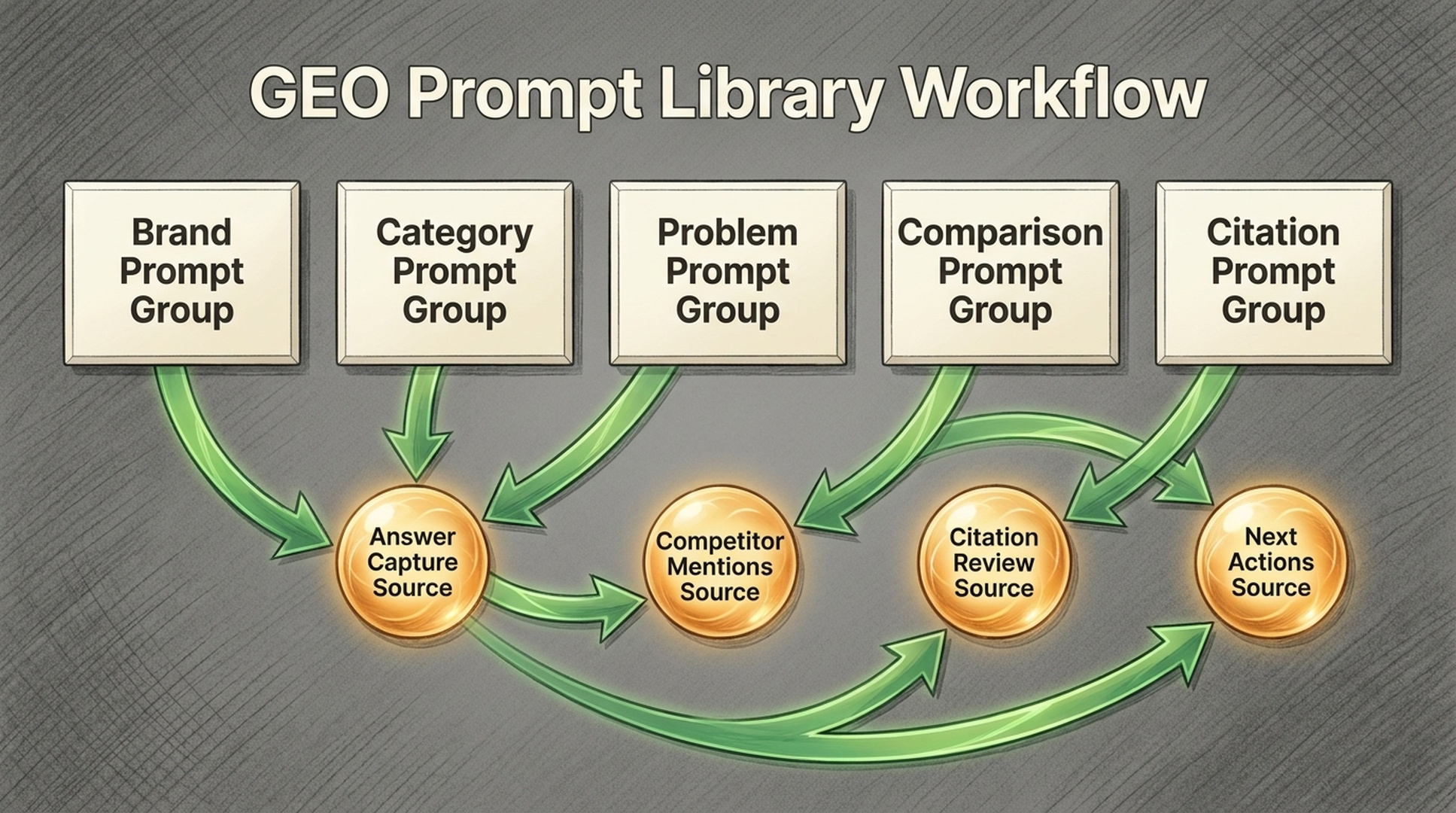 GEO prompt library workflow showing prompt groups, AI answer capture, competitor mentions, citations, and next actions.