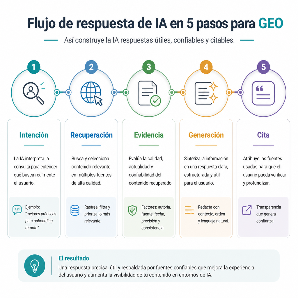 Flujo generativo de cinco pasos: intención, recuperación, filtrado de evidencia, generación de respuesta y cita.