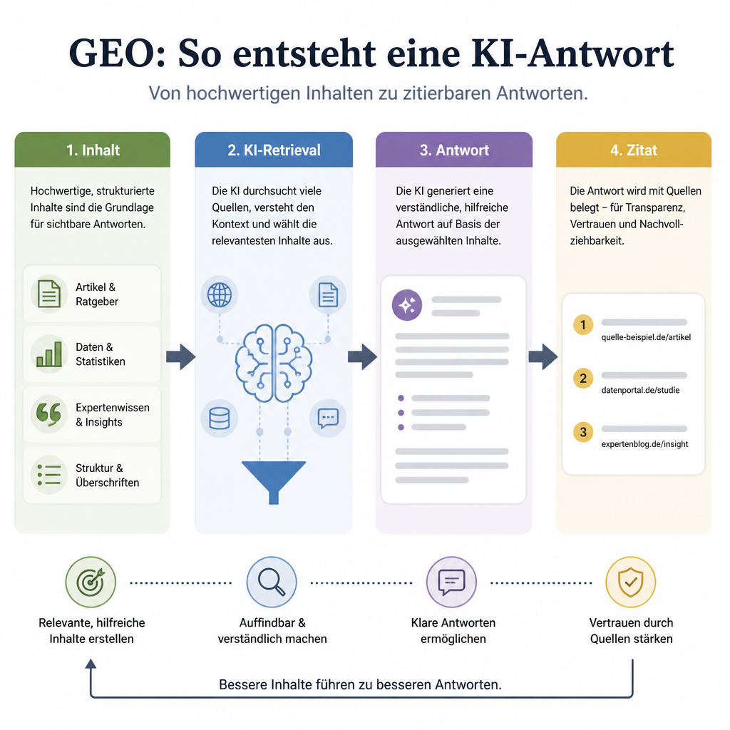 GEO-Konzeptkarte mit SEO-Eingaben, KI-Retrieval, Antwortgenerierung und Zitierergebnissen.
