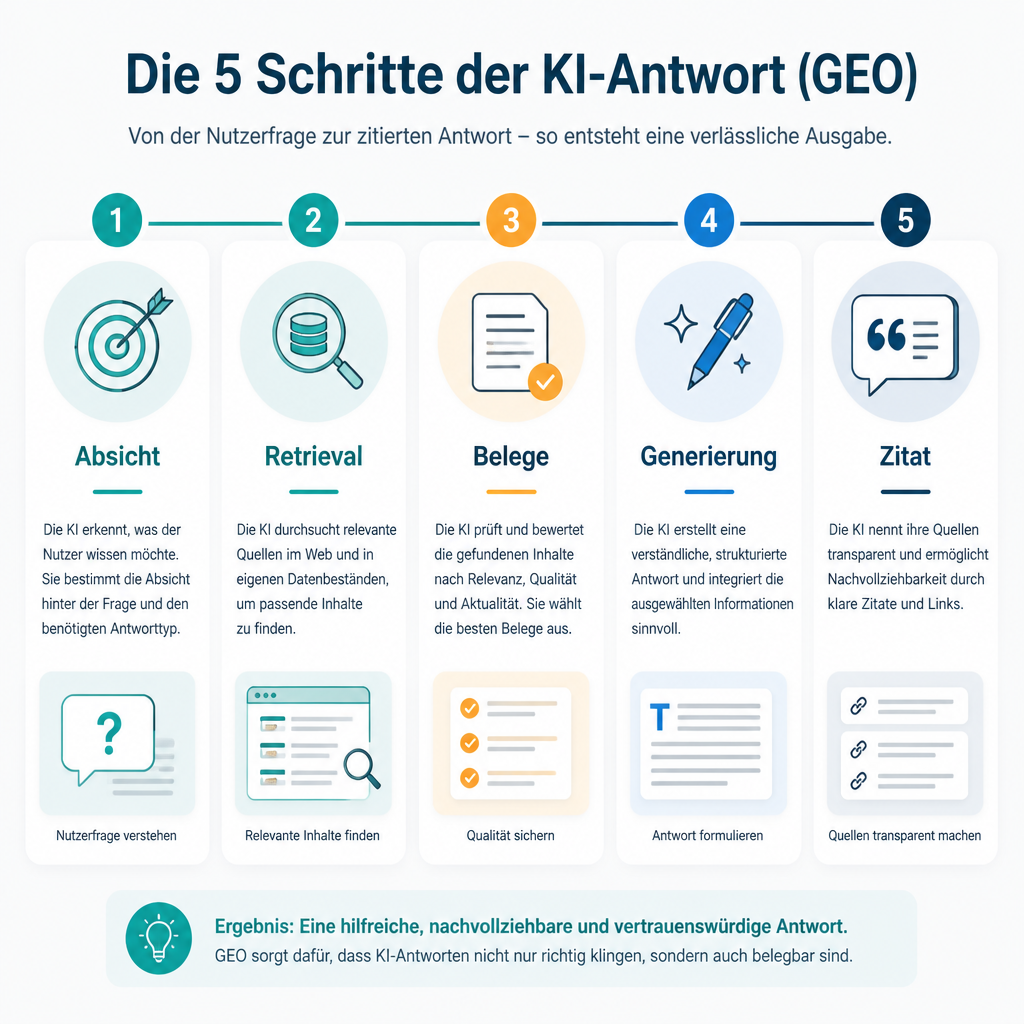 Fünfstufiger Ablauf generativer Antworten: Absicht, Retrieval, Belegfilterung, Antwortgenerierung, Zitat.