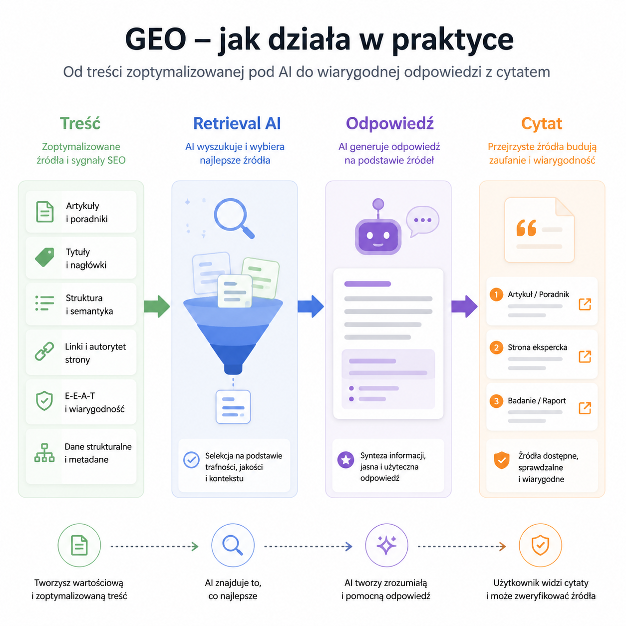 Mapa koncepcyjna GEO pokazująca sygnały SEO, pobieranie źródeł przez AI, generowanie odpowiedzi i wyniki cytowania.