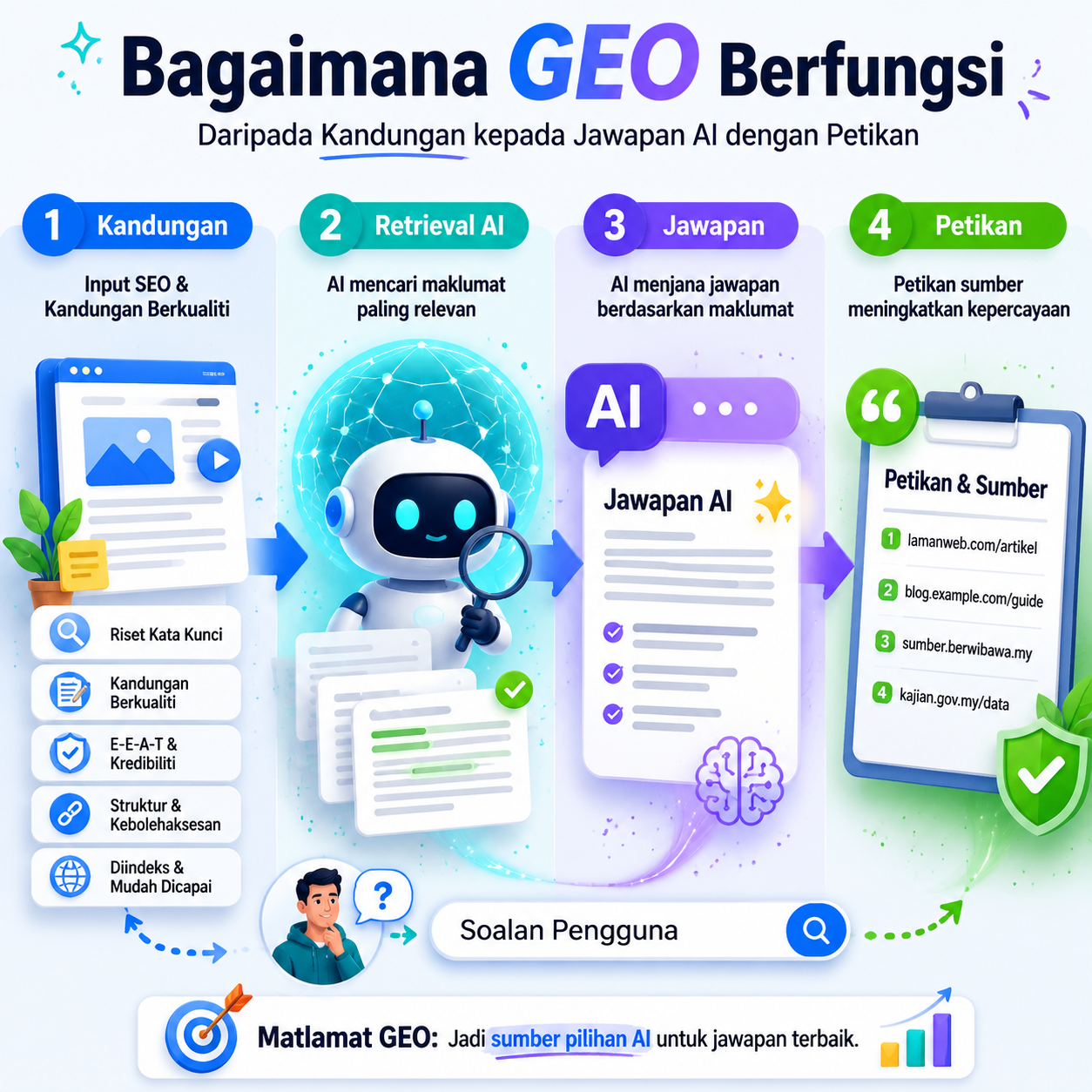 Peta konsep GEO yang menunjukkan input SEO, retrieval AI, penjanaan jawapan dan hasil petikan.
