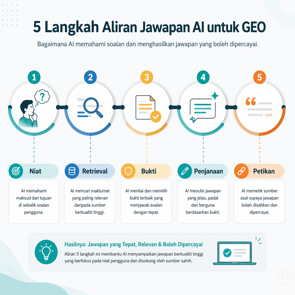 Aliran jawapan generatif lima langkah: niat, retrieval, penapisan bukti, penjanaan jawapan, petikan.