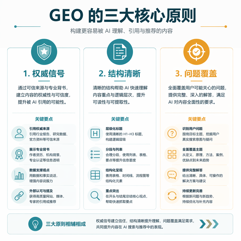 GEO 的三个核心原则：权威信号密度、结构清晰度、问题覆盖完整性