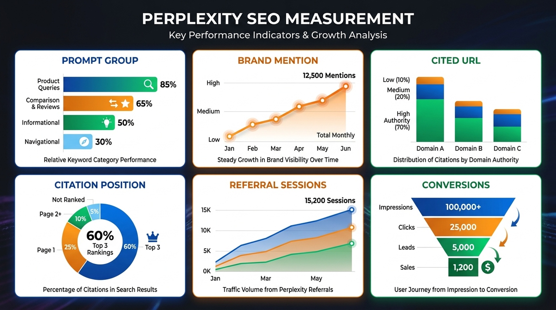 Dashboard layout for measuring Perplexity SEO with prompts, mentions, cited URLs, referral traffic, and conversions.