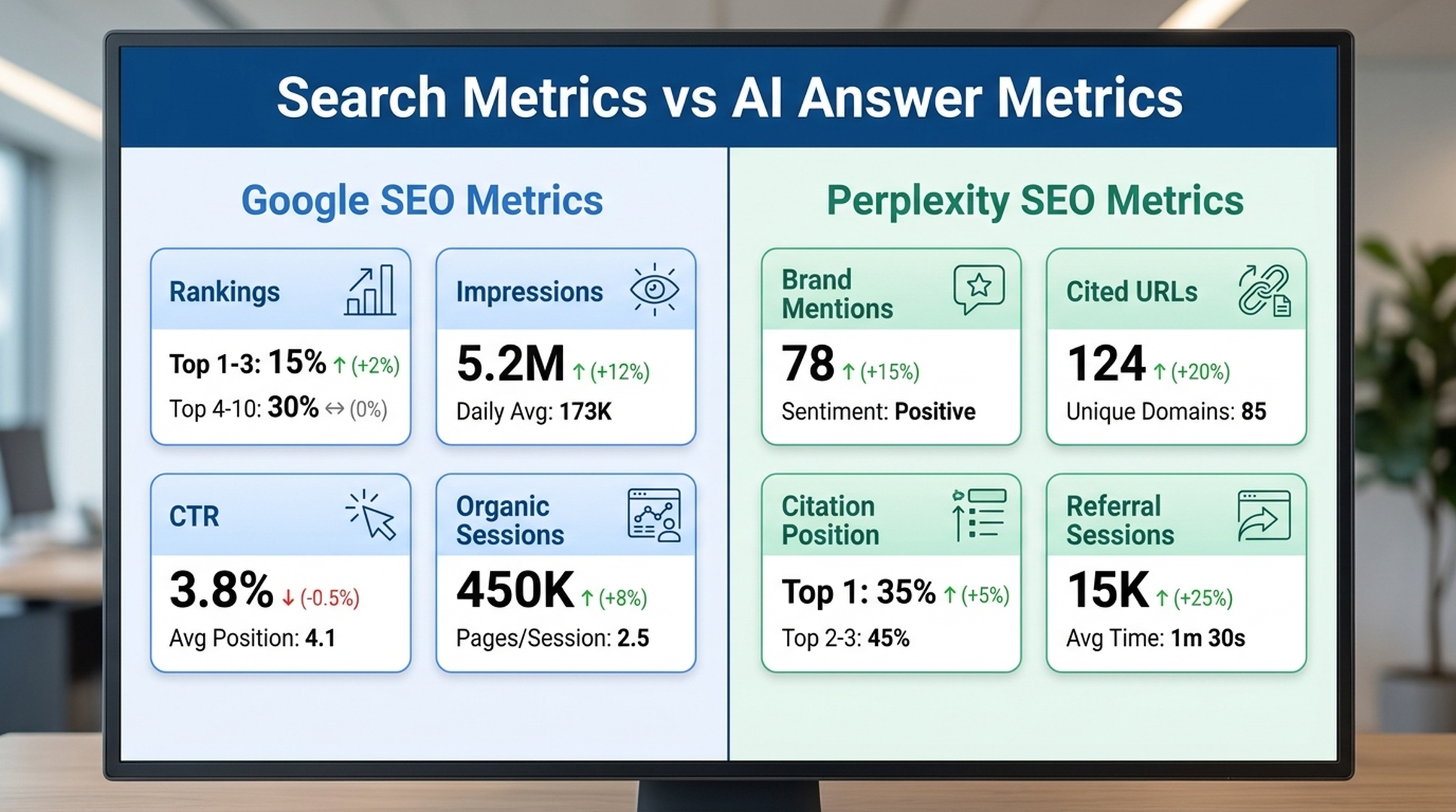 A split measurement dashboard comparing Google SEO metrics with Perplexity SEO metrics such as brand mentions, cited URLs, citation position, answer accuracy, and referral sessions.