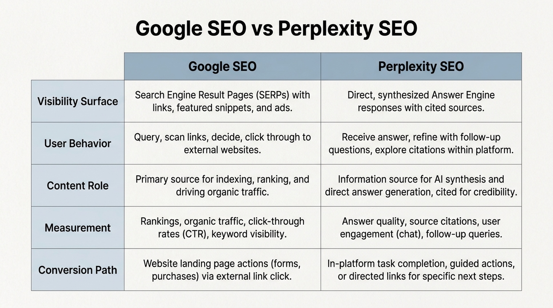 A comparison matrix showing how Google SEO and Perplexity SEO differ across visibility surface, user behavior, content role, measurement, and conversion path.