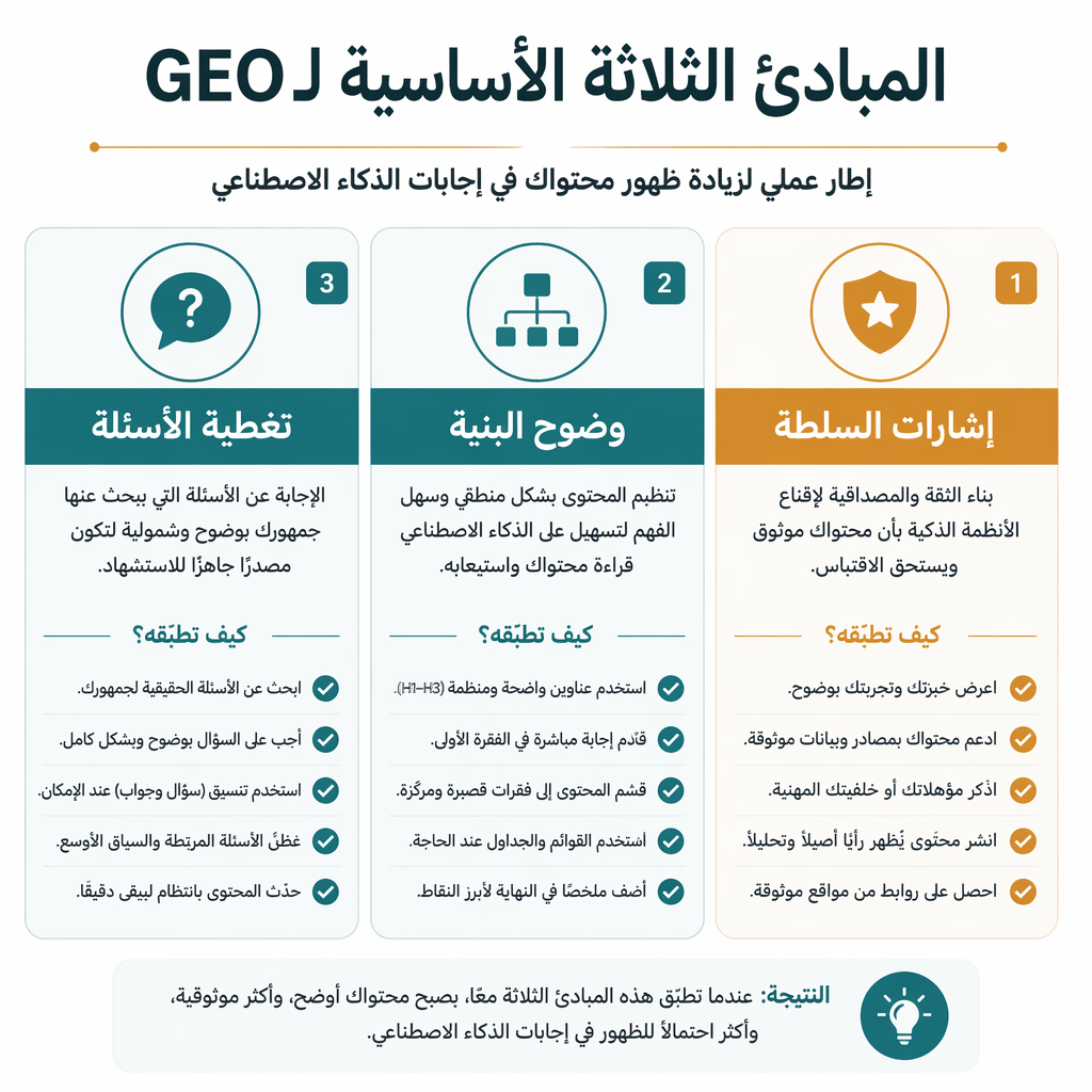 المبادئ الثلاثة الأساسية لـ GEO: كثافة إشارات السلطة، وضوح البنية، اكتمال تغطية الأسئلة