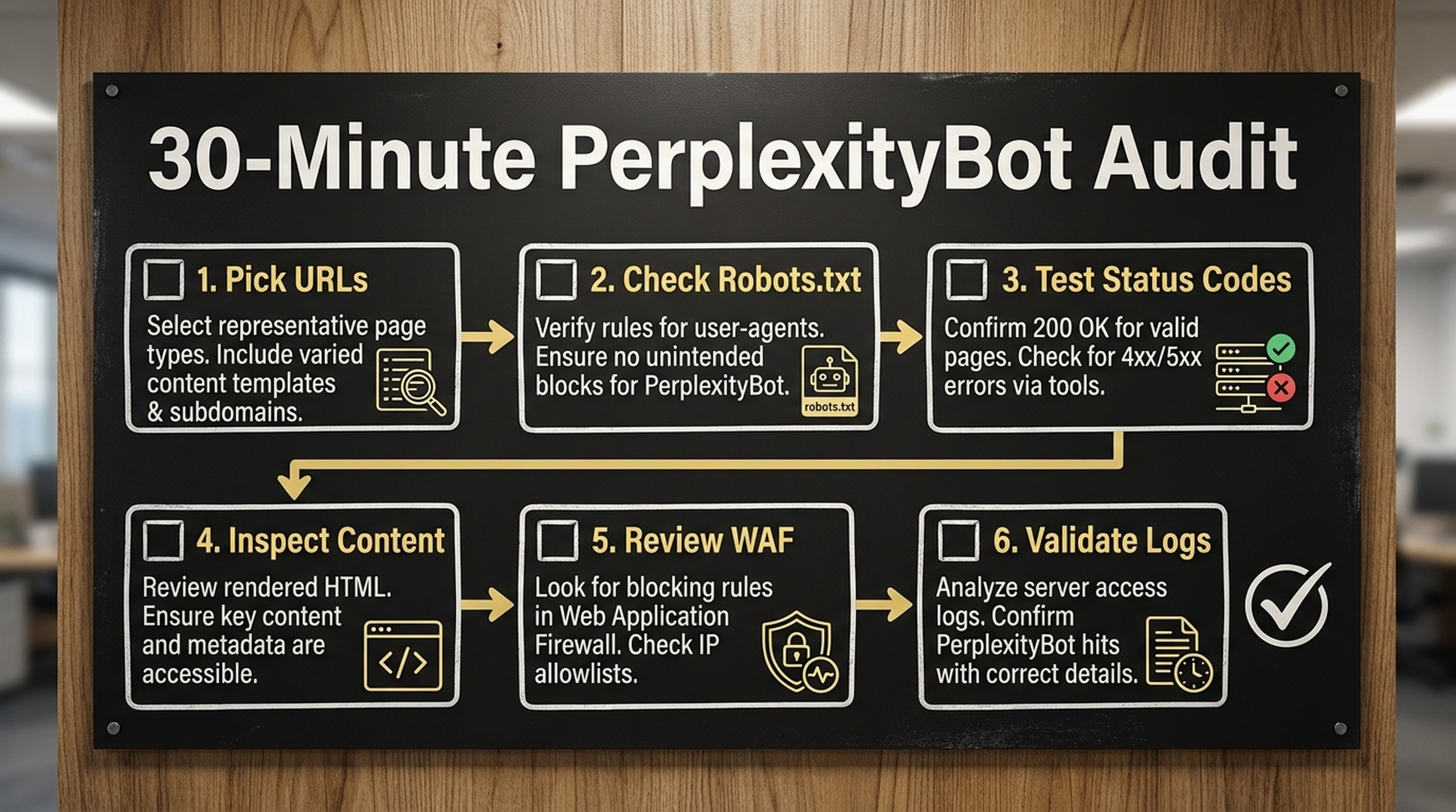 A 30-minute PerplexityBot audit workflow showing priority URL selection, robots.txt review, WAF check, status-code test, HTML content check, and log validation.