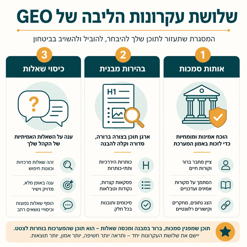 שלושת עקרונות הליבה של GEO: צפיפות אותות סמכות, בהירות מבנית, שלמות כיסוי השאלות