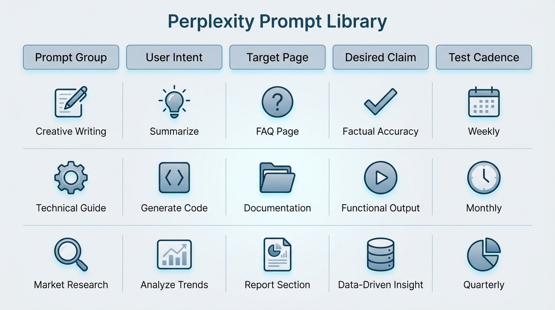 A prompt library matrix for Perplexity SEO showing prompt groups, user intent, target source page, expected brand claim, and measurement cadence.