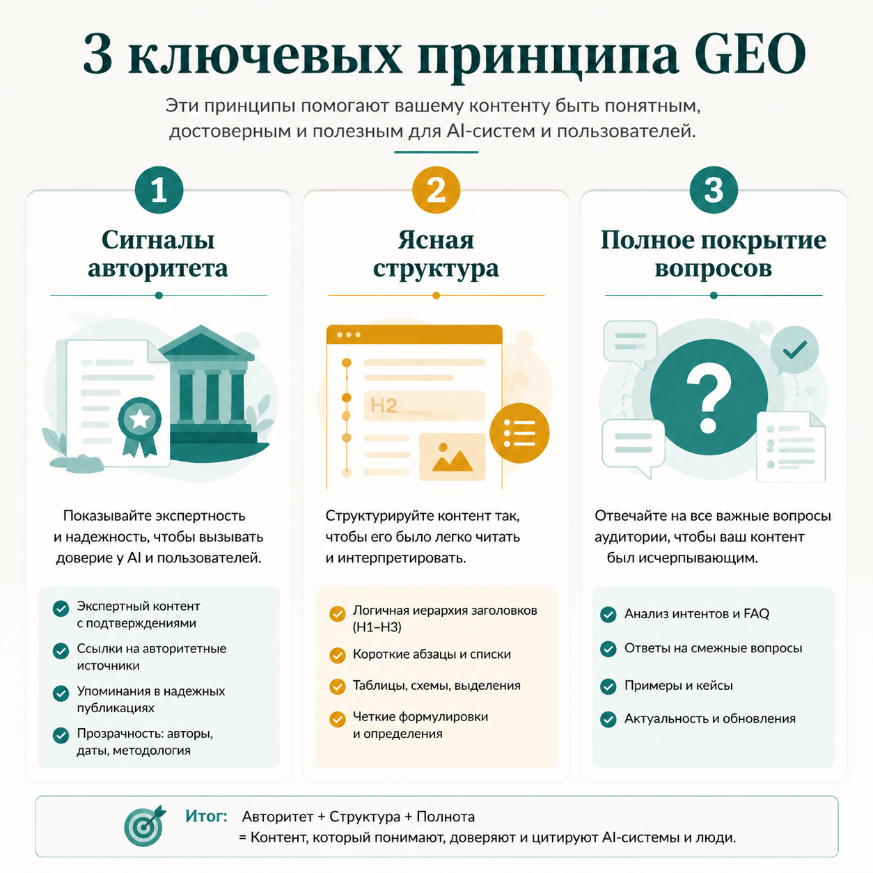 Три ключевых принципа GEO: плотность сигналов авторитетности, структурная ясность, полнота покрытия вопросов