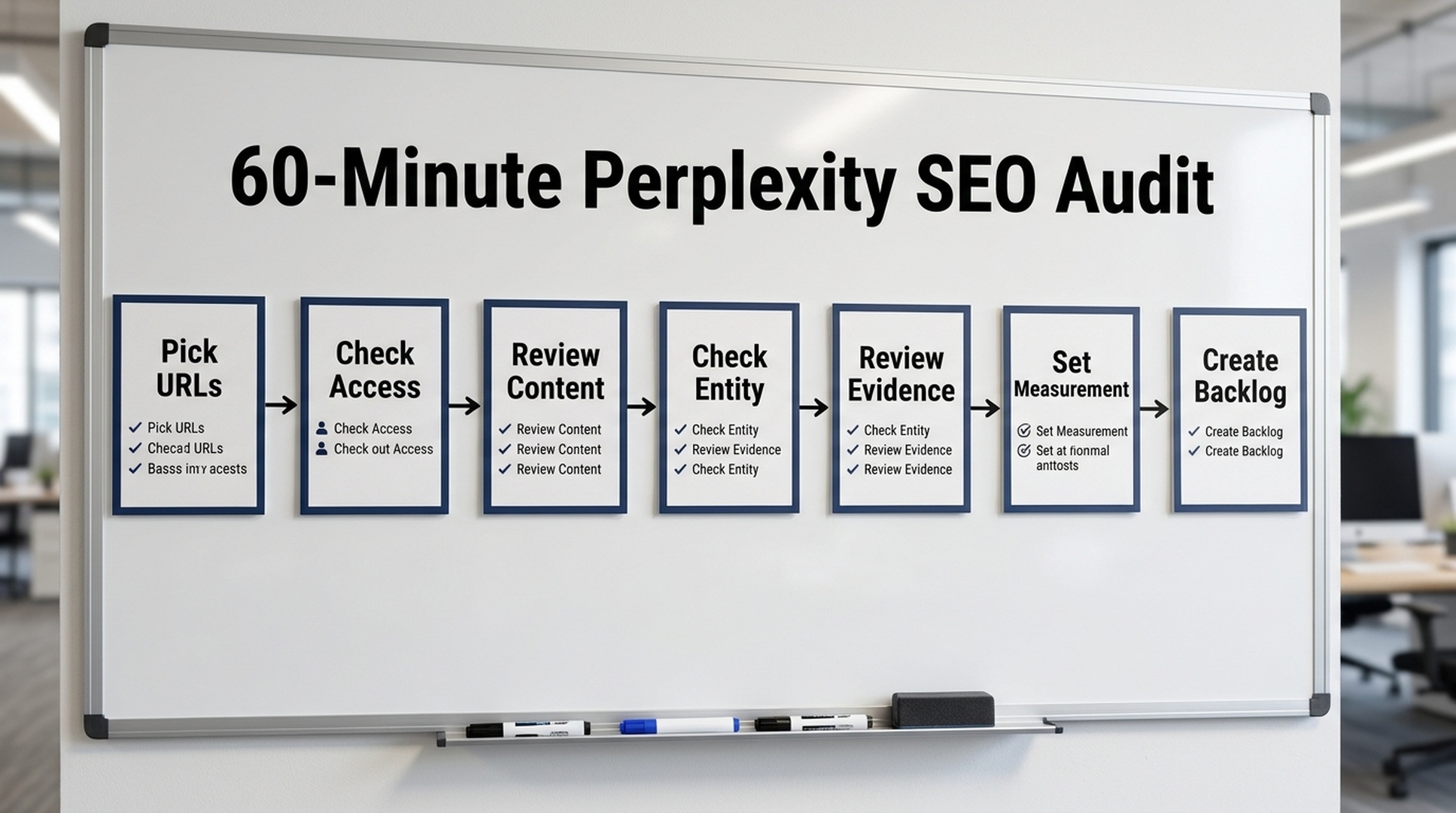 A 60-minute Perplexity SEO audit workflow showing URL selection, crawler access review, content citation review, entity check, evidence review, measurement setup, and backlog creation.