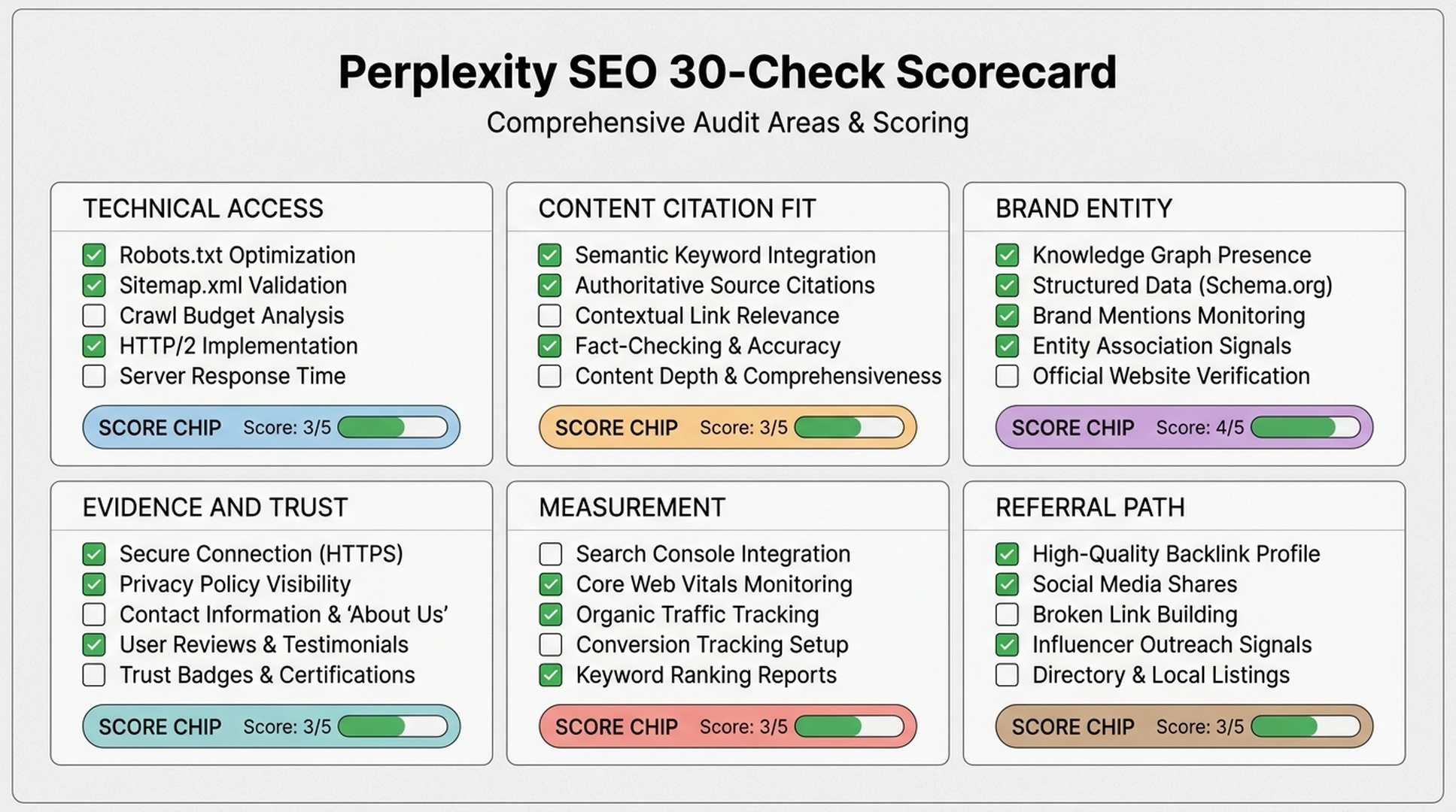 A Perplexity SEO audit scorecard with six sections: technical access, content citation fit, brand entity clarity, evidence, measurement, and referral path.
