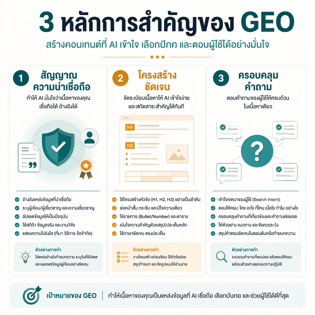 หลักการสำคัญสามข้อของ GEO: สัญญาณความน่าเชื่อถือ โครงสร้างชัดเจน ความครบถ้วนของคำถาม
