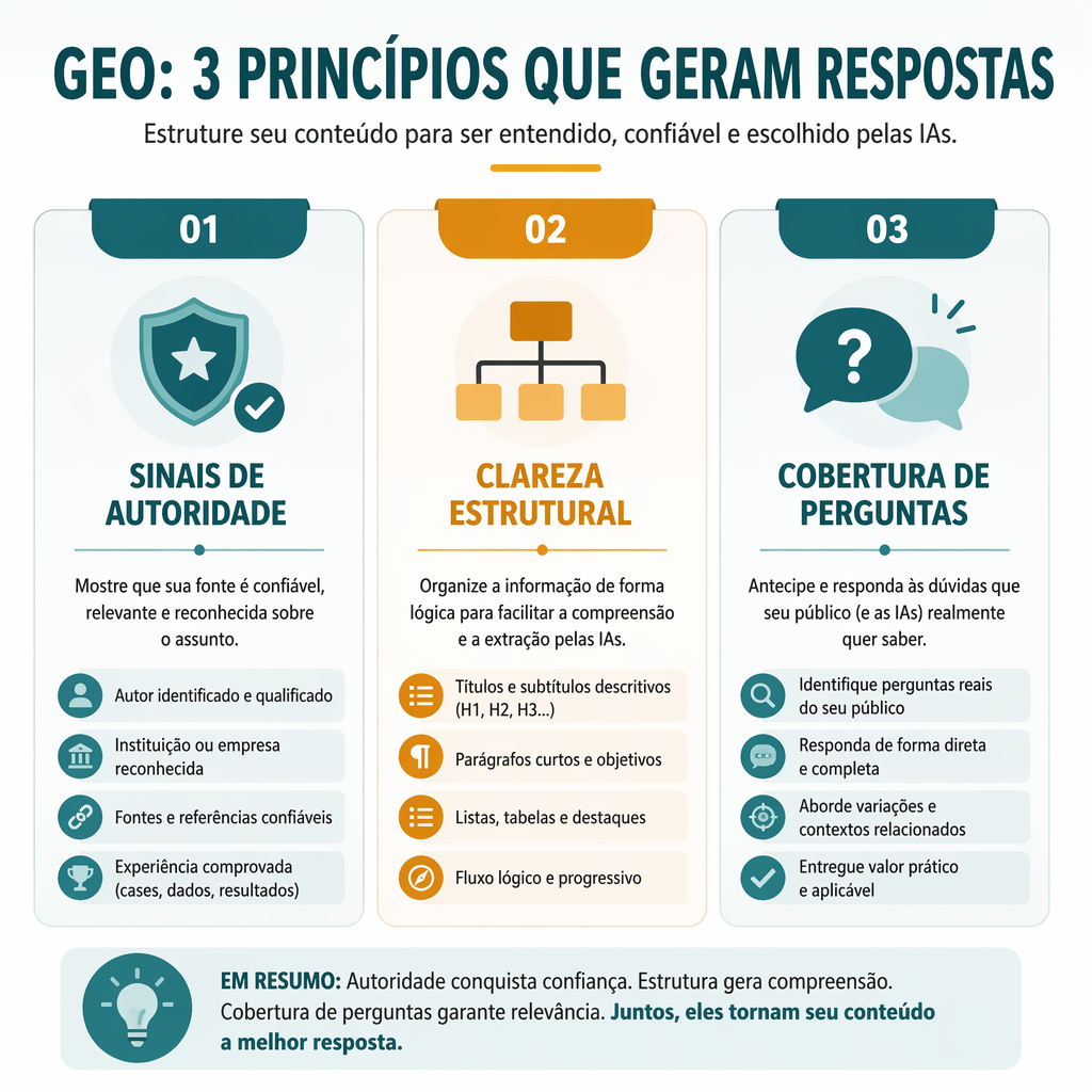 Três princípios centrais de GEO: densidade de sinais de autoridade, clareza estrutural, completude da cobertura de perguntas