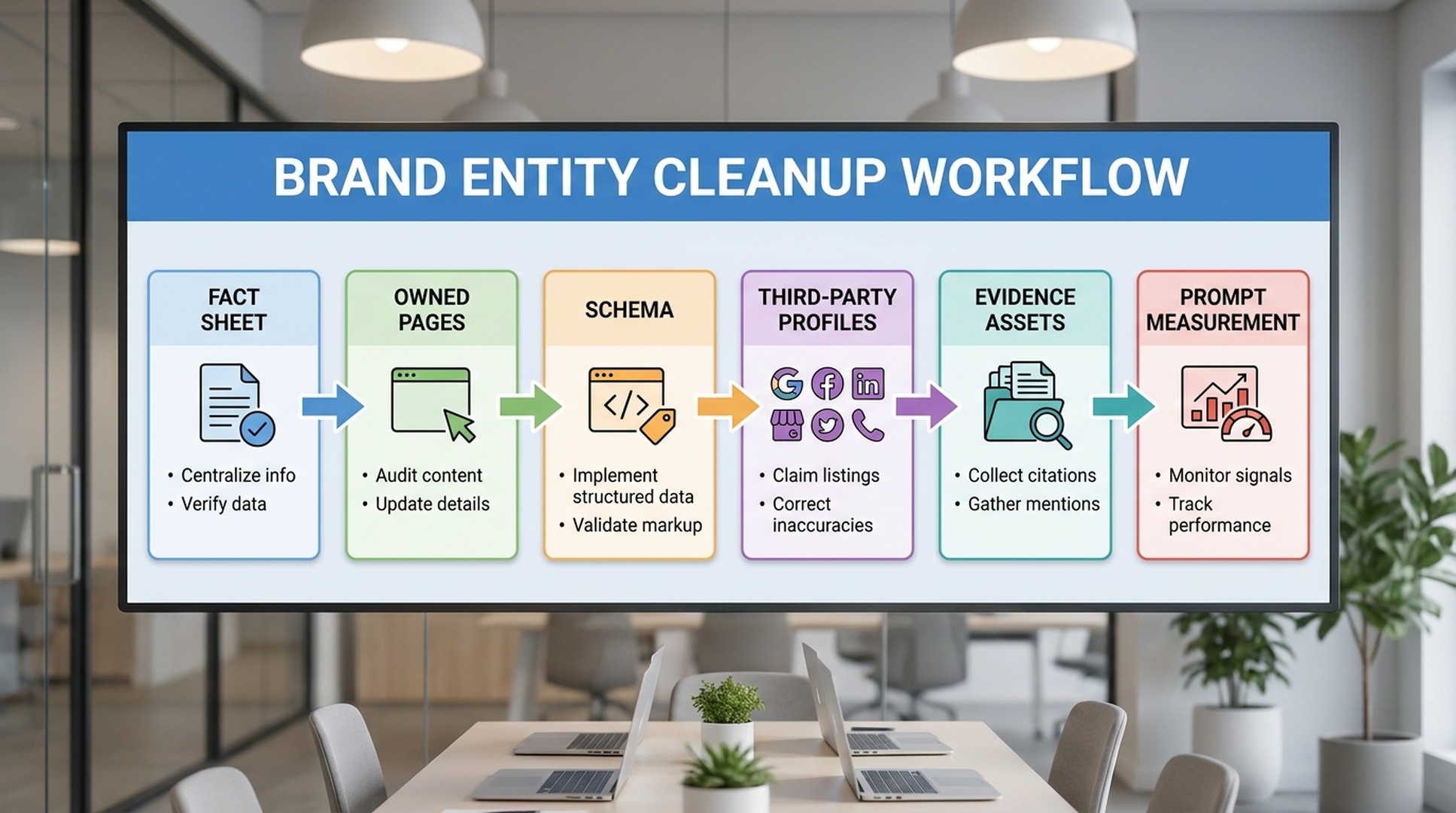 A brand entity cleanup workflow showing brand fact sheet, owned page updates, schema review, third-party profile cleanup, evidence assets, and prompt measurement.