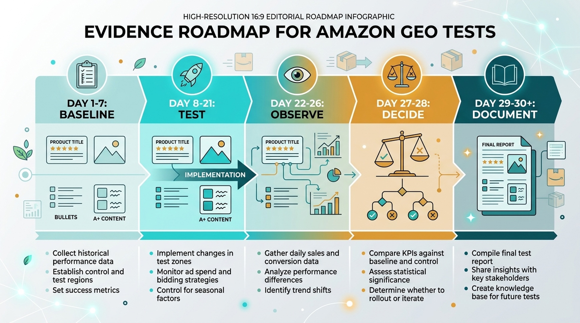 From Guesswork to Evidence roadmap showing question map, rewrite variant, run experiment, read results, ship winner, and repeat steps