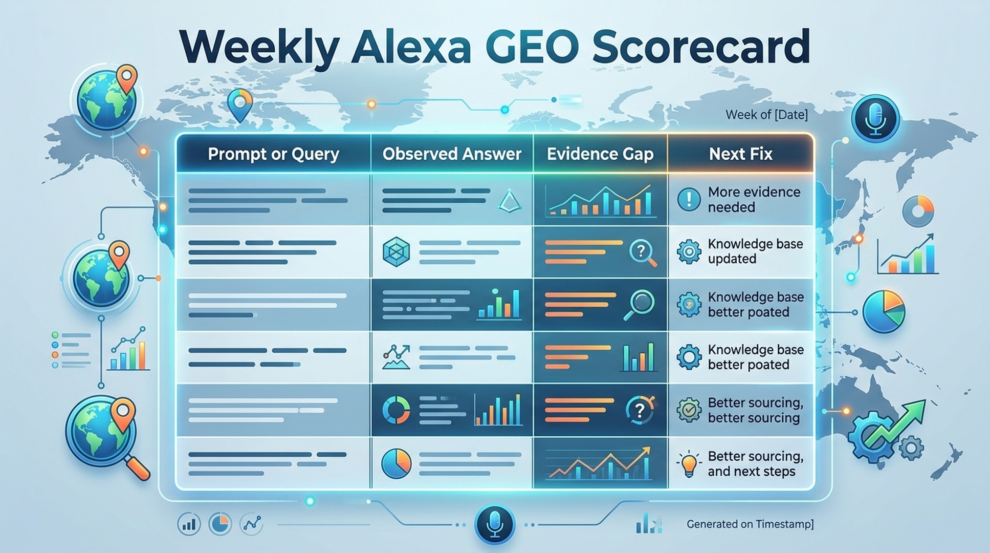 Weekly Alexa GEO scorecard for prompts answers evidence gaps and next fixes