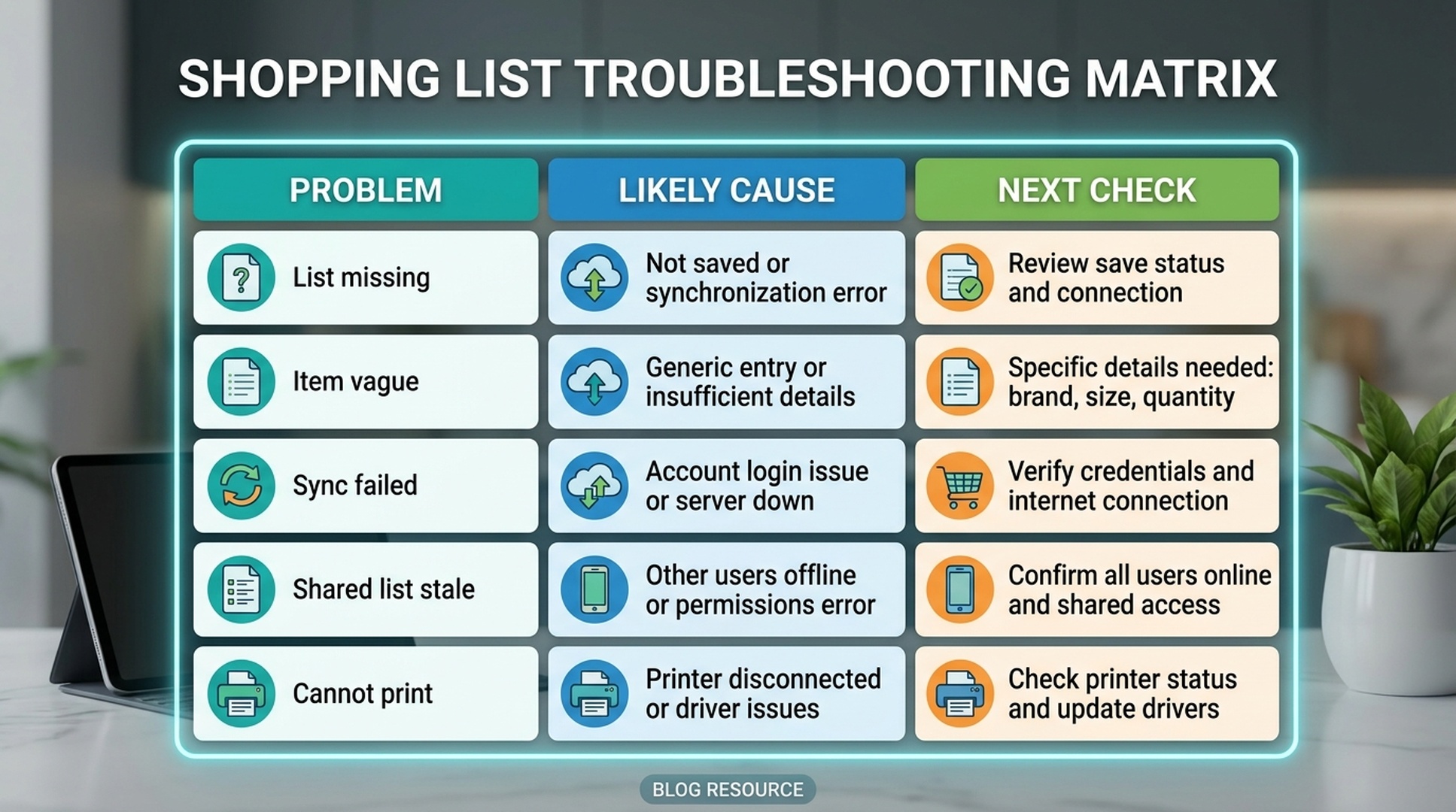 Alexa shopping list troubleshooting matrix for missing lists vague items sync issues and printing workarounds