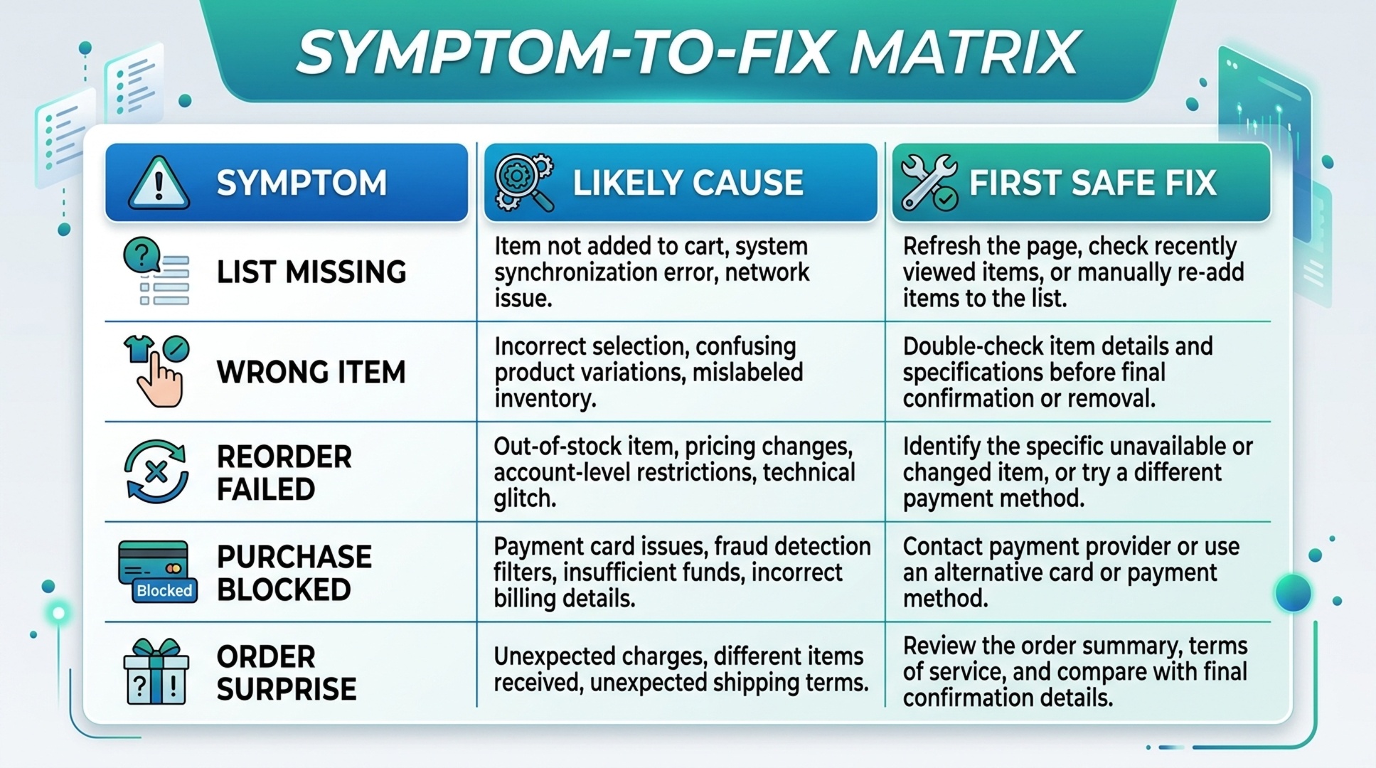 Alexa shopping symptom-to-fix matrix for lists reorders purchase settings and surprise orders