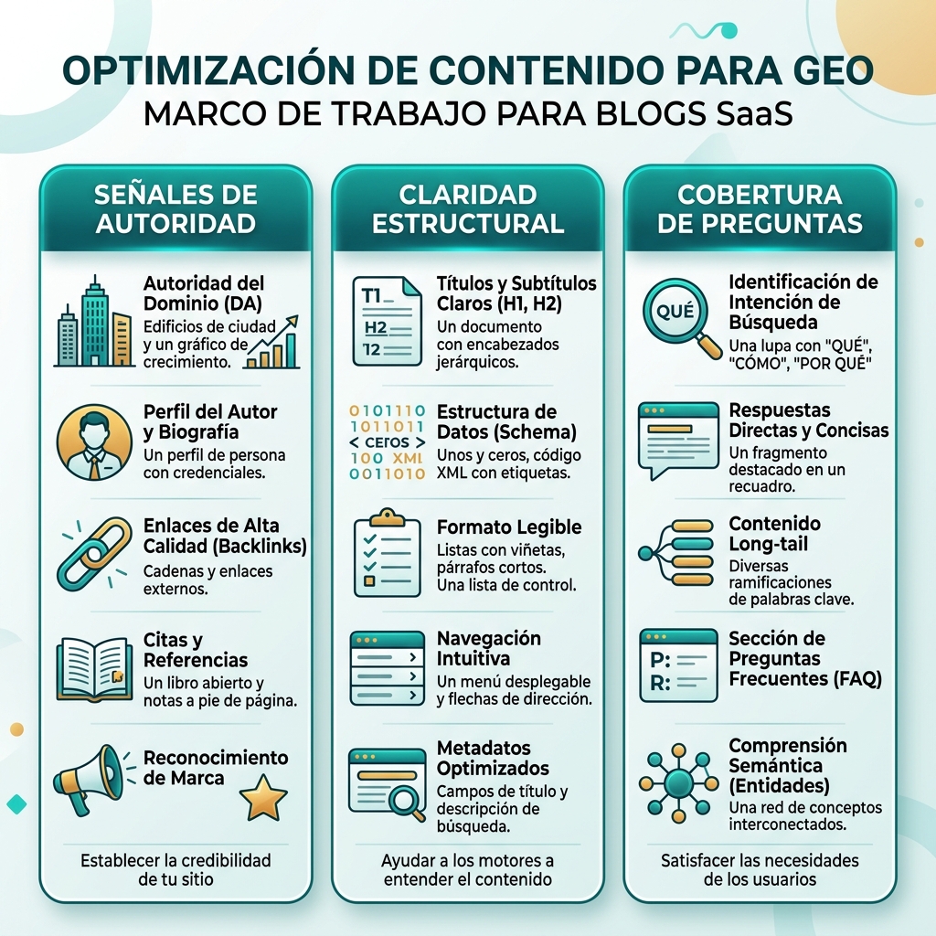 Tres principios centrales de GEO: densidad de señales de autoridad, claridad estructural y cobertura completa de preguntas