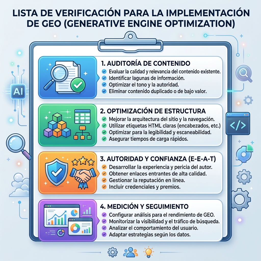 Checklist de implementación GEO: auditoría de contenido, estructura, autoridad y medición