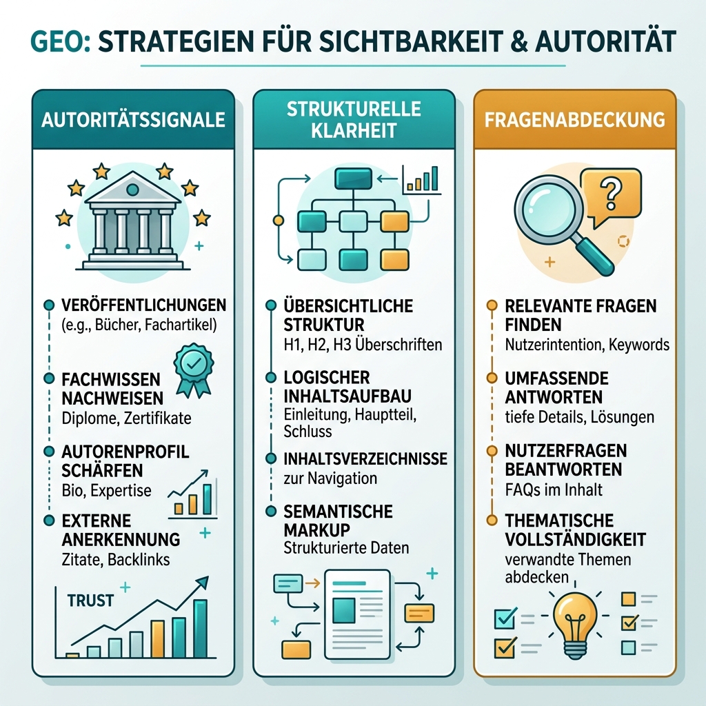 Drei zentrale GEO-Prinzipien: Autoritätssignale, strukturelle Klarheit und vollständige Fragenabdeckung