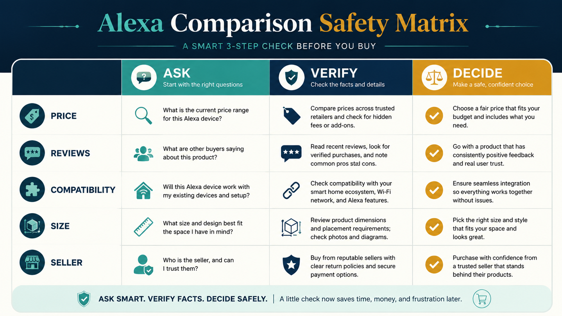 Alexa product comparison safety matrix for asking verifying and deciding before buying