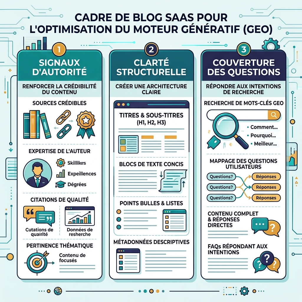 Les trois principes du GEO : signaux d’autorité, clarté structurelle, couverture complète des questions