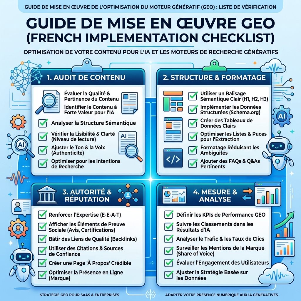 Checklist de mise en œuvre GEO : audit de contenu, structure, autorité et mesure
