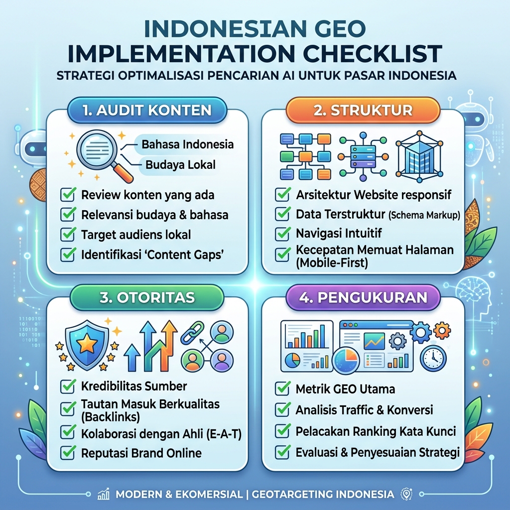 Checklist implementasi GEO: audit konten, struktur, otoritas, dan pengukuran