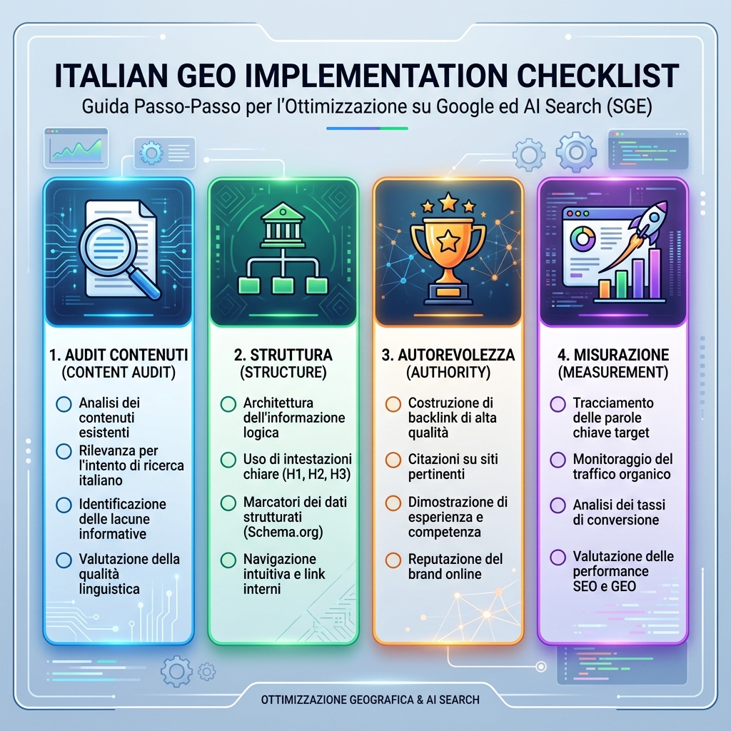 Checklist di implementazione GEO: audit dei contenuti, struttura, autorevolezza e misurazione